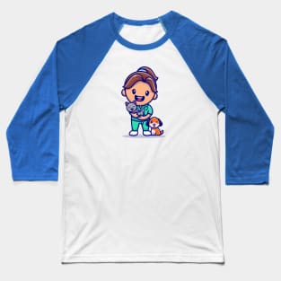 Cute Girl With Cat And Dog Cartoon Baseball T-Shirt